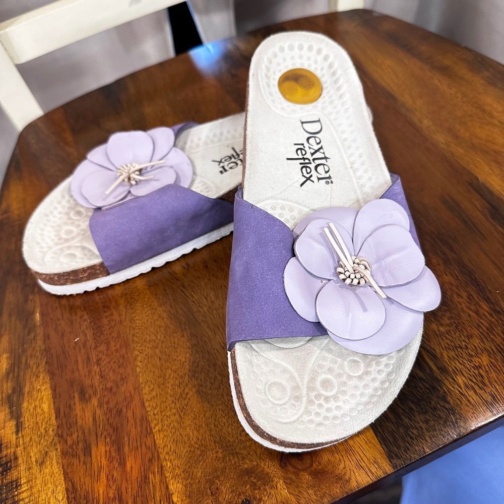 Dexter Reflex Slide Sandals Womens Purple Floral Leather Cork Comfort Shoes 7M